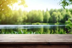 AI generated Wooden table in front of a lake and forest photo