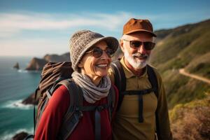 AI generated Elderly Senior couple hiking photo