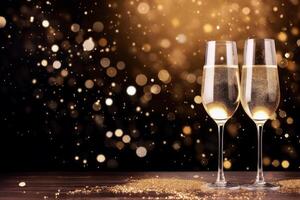 AI generated Champagne glasses with sparkling bubbles on a table with a background of gold glitter photo