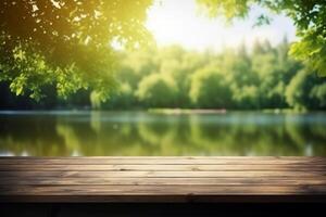 AI generated Wooden table and lake in the background photo