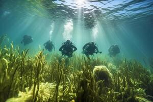 AI generated Underwater with seagrass and divers photo