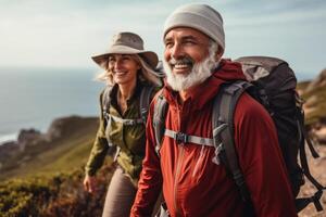 AI generated Elderly Senior couple hiking photo