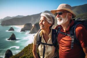AI generated Elderly Senior couple hiking photo