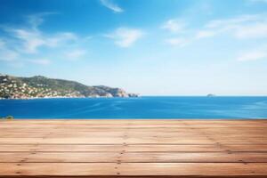 AI generated Wooden table top over blue sea and mountains photo