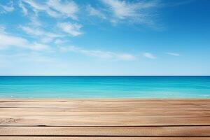 AI generated Wooden table top over blue sea photo