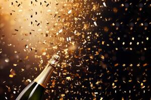 AI generated Champagne bottle with golden confetti on black background photo