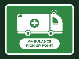 Ambulance pick up point parking area sign age with green and white colors illustration shadow silhouette icon. Simple flat hospital banner drawing. vector