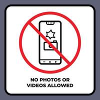 No photos or s allowed sign age illustration banner with text icon isolated on square white background. Simple flat cartoon drawing. vector