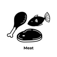 Chicken, beef, and fish meats source of protein raw food ingredients silhouette illustration icon isolated on square white background. Simple flat cartoon styled drawing. vector