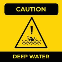 Caution deep water risk of drowning warning yellow triangle sign age sticker poster illustration isolated on square background. Simple flat cartoon styled drawing. vector