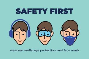 Colored ear muffs, eye protection glasses, and face mask safety required signage icon illustration isolated on horizontal background. Simple flat cartoon drawing. vector