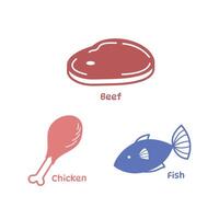 Chicken, beef, and fish meats source of protein raw food ingredients silhouette monochrome illustration icon isolated on square white background. Simple flat cartoon styled drawing. vector