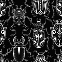 Seamless pattern with mystic decorated bugs against black background. vector