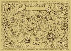 fantasy map with baroque decorative frame and mythology creatures. Hand drawn graphic illustration, old transportation background in vintage style vector