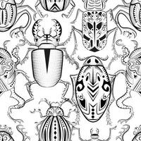 Seamless pattern with mystic decorated bugs against white background. vector