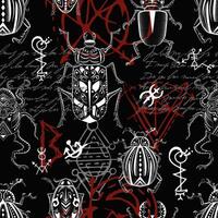 Seamless pattern with mystic decorated bugs and esoteric gothic symbols against black background. No foreign language, all signs are fantasy ones. vector