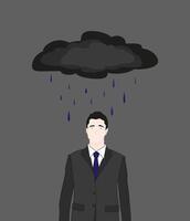 A sad, upset man in a black business suit with a blue tie stands in the rain. vector