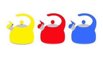 A set of three bright teapots in yellow, red, and blue colors. A kettle with a whistle. vector