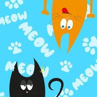 Funny hand-drawn cats. Ginger cat hanging from above, trying to attract the black cat's attention. vector