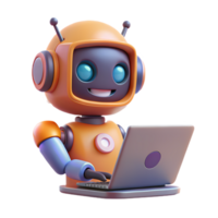 3d robot using laptop, charming digital assistant, friendly AI technology, automated customer service, futuristic virtual help png