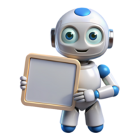 3d robot holding blank sign for advertising, child-friendly tech character, interactive learning, AI mascot, customizable presentation png