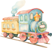 un vistoso tren con un amarillo furgón de cola y un azul motor png