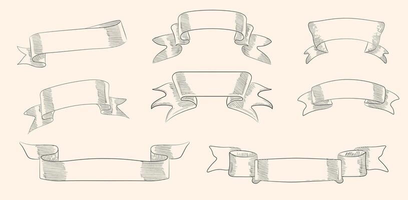 A collection of black and white linear text tapes on a beige background. Vintage ribbons in engraving style. Suitable for logos, emblems, quality marks.