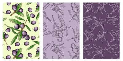 The rectangular background depicts a repeating pattern of leaves and olives in a purple hue. Set of olive patterns for packaging, printing on fabric. vector