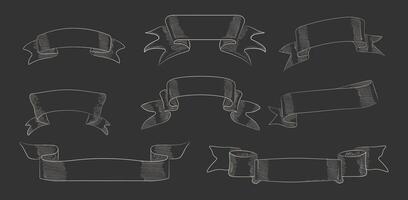 Old vintage white linear ribbons set. Retro decorative outline banner tape in engraving style. Different shape blank simple template tapes flag text price tag, sale label. Isolated illustration vector