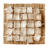 Generated AI ice cubes on wooden mat isolated on transparent background png