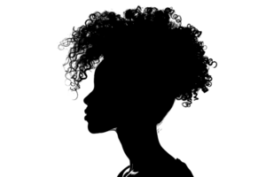 A black silhouette of a young womans head. png