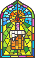 kyrka färgade fönster. kristen mosaik- glas båge med påsk kaka och ljus png