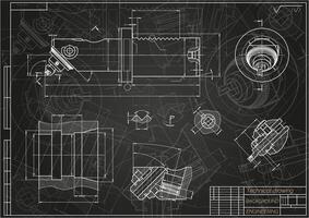 mecánico Ingenieria dibujos en azul antecedentes. aburrido bar con micrométrico ajustamiento. técnico diseño. cubrir. Plano. ilustración. vector