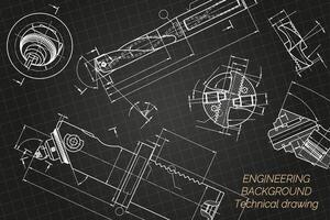 Mechanical engineering drawings on blue background. Drill tools, borer. Boring bar with micrometric adjustment. Broach. Technical Design. Cover. Blueprint. illustration. vector