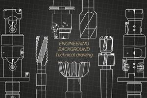 Mechanical engineering drawings on black background. Tap tools, borer. Technical Design. Cover. Blueprint. illustration. vector