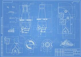 mecánico Ingenieria dibujos en azul antecedentes. grifo herramientas, taladrador. técnico diseño. cubrir. Plano. ilustración. vector