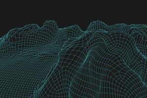 Blue abstract wireframe landscape background. 3D futuristic mesh mountains. 80s Retro illustration. Cyberspace technology valleys. vector