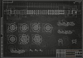 Mechanical engineering drawings on blue background. Broach. Technical Design. Cover. Blueprint. illustration. vector