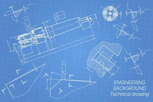 Mechanical engineering drawings on blue background. Tap tools, borer. Technical Design. Cover. Blueprint. illustration. vector