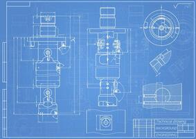 Mechanical engineering drawings on blue background. Tap tools, borer. Technical Design. Cover. Blueprint. illustration. vector