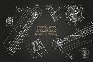 Mechanical engineering drawings on blue background. Drill tools, borer. Technical Design. Cover. Blueprint. illustration. vector