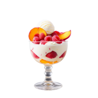 Peach melba sundae vanilla ice cream peach slices and raspberry sauce isolated on transparent Summer png