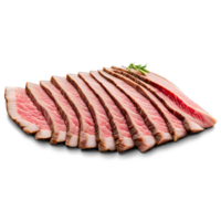 Flank steak thinly sliced layered in a fan pattern captured with a macro lens png