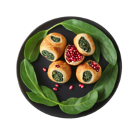 Georgian pkhali spinach rolls walnut paste pomegranate seeds served on a plate Culinary and Food png
