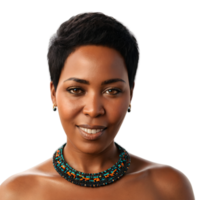 Middle aged African woman with short hair and tribal necklace plain face winking eyes breathing. Essence of diverse femininity. png