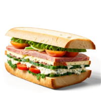 A savory and delicious sandwich in a wide, transparent glass dish, filled with meats, cheeses, and fresh png