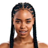 Young African American woman with box braids and tribal tattoo plain face winking eyes gnashing. Essence of diverse femininity. png