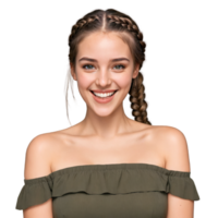 Young woman with side braid and off shoulder blouse adorable face winking eyes delighting mouth. Essence of diverse femininity. png