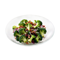 Brokkoli Salat mit knackig Brokkoli Blütchen Speck Bits rot Zwiebel und Sonnenblume Saat geworfen im png