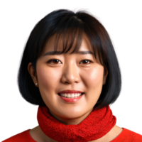 mitten åldrig öst asiatisk kvinna med guppa frisyr och röd scarf förtjusande ansikte behaglig ögon. väsen av olika kvinnlighet. png